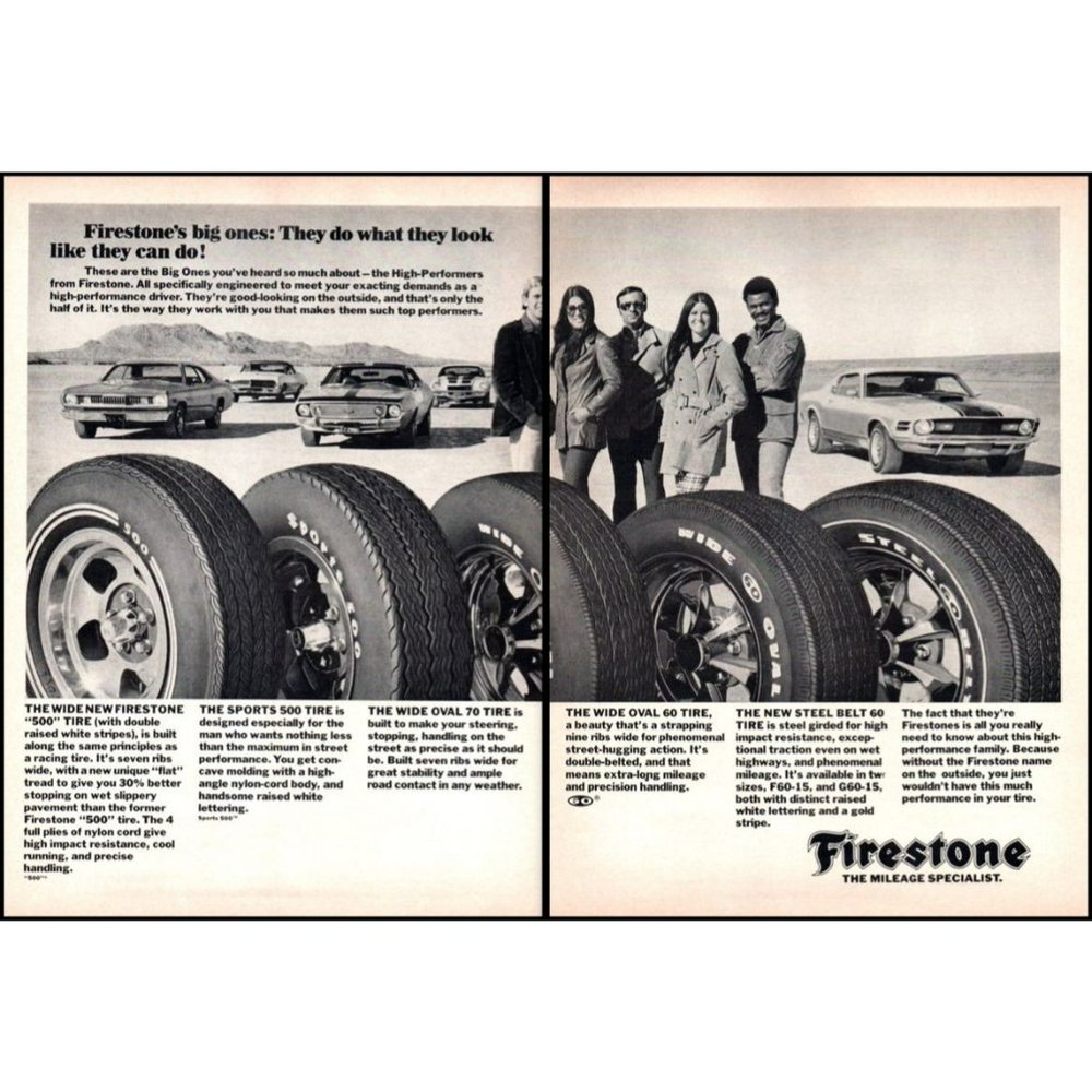 1971 Firestone Tires 2 Page Vintage Print Ad Firebird Camaro GTO Wall Art Photo